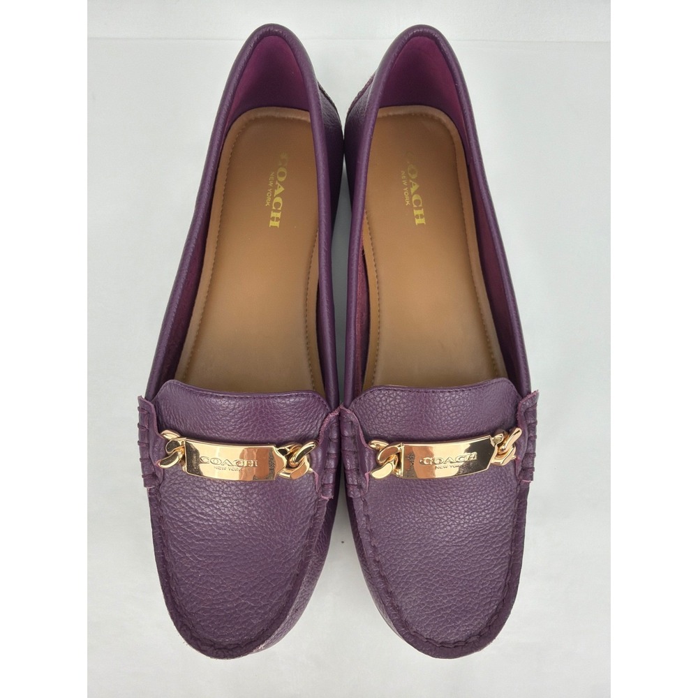NEW Coach Olive Loafers 8B Purple Pebbled Leather Gold Chain Driver Shoes A7751